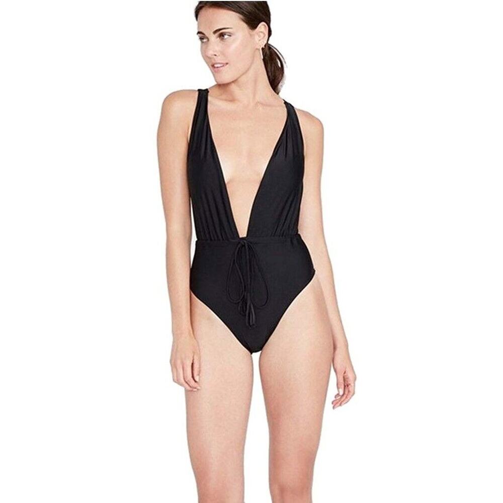 Rachel Roy black plunge cross back tie waist one piece swimsuit sz XS